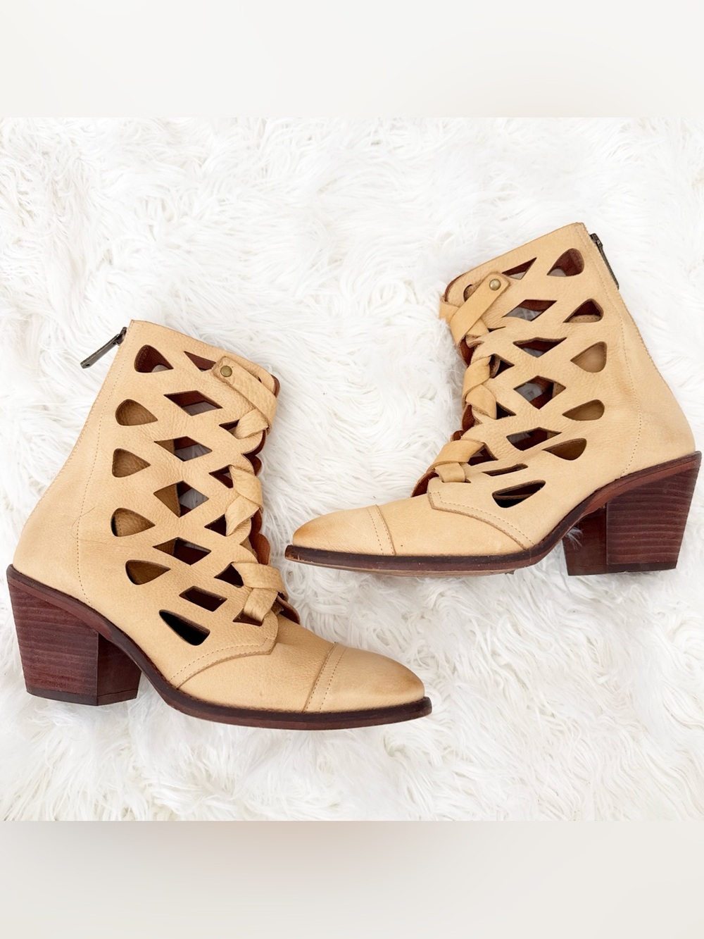 Cutout Lace-Up Ankle Booties in Tan Leather